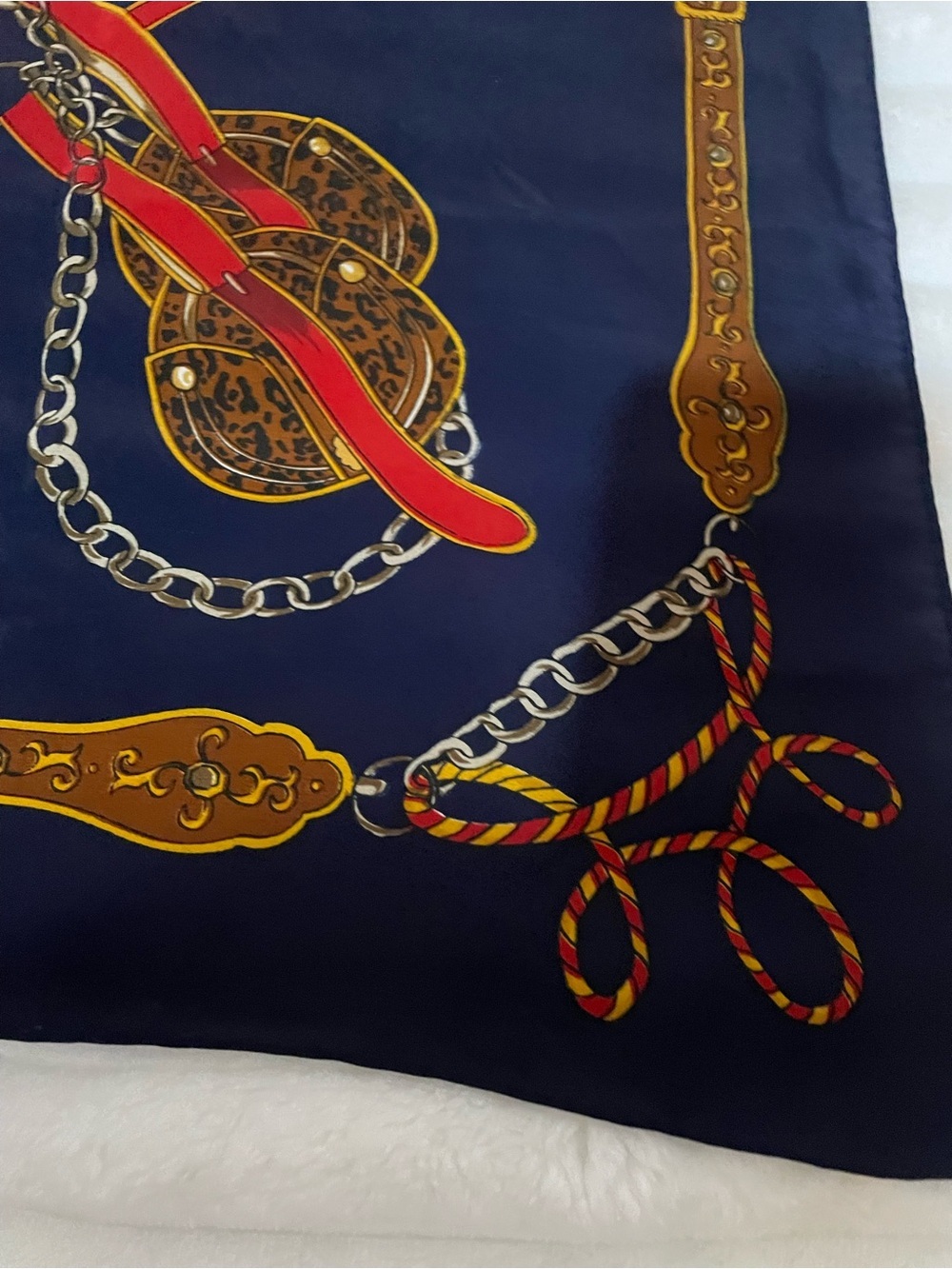 Hermès Navy Silk Scarf with Gold and Orange Harness Motif - Picture 9 of 16